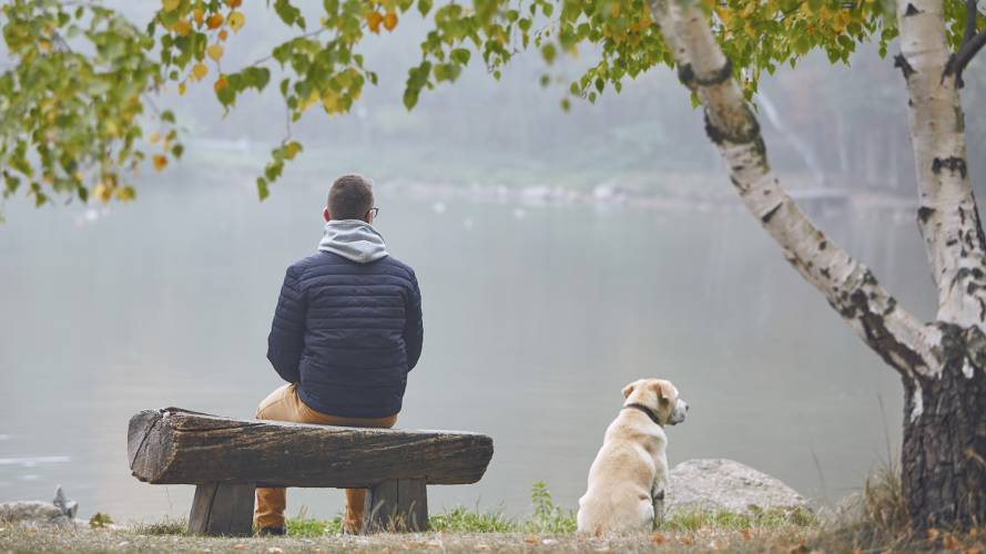 Mann og hund som sitter ved siden av hverandre og ser utover innsjø