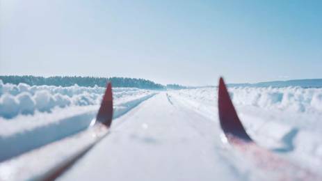 Skitupper i skisporet i strålende sol en vinterdag