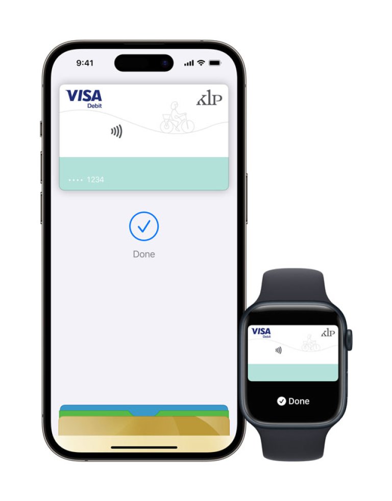 En iPhone og en Apple Watch med bilde av aktivert Apple Pay