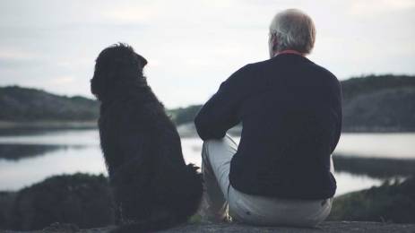 Mann med hund på svaberget